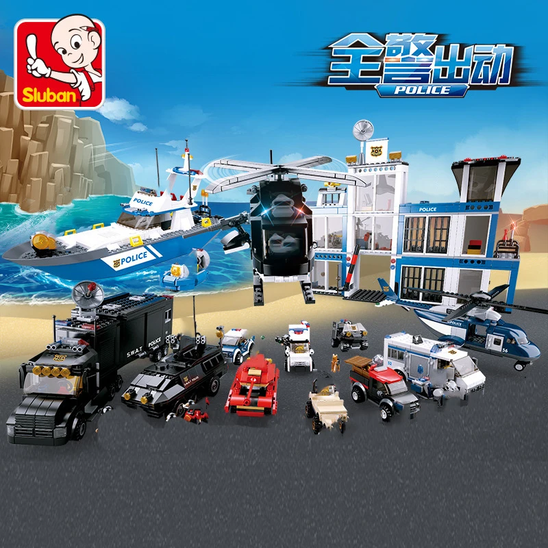 

Sluban Compatible Legoed SWAT Police Station Bus City Patrol Building Blocks Cars Figures Motorbike helicopter chase criminal