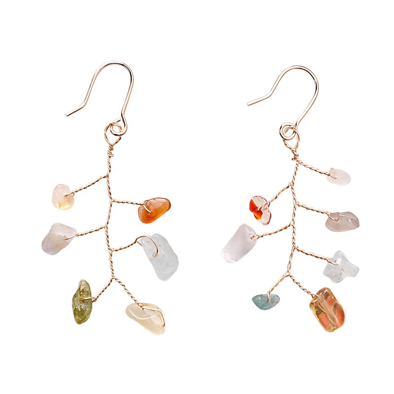 

New Korean Natural Colorful Irregular Stone Tassel Drop Earrings Literary Branch shape hook Long Earrings For Girls Oorbellen