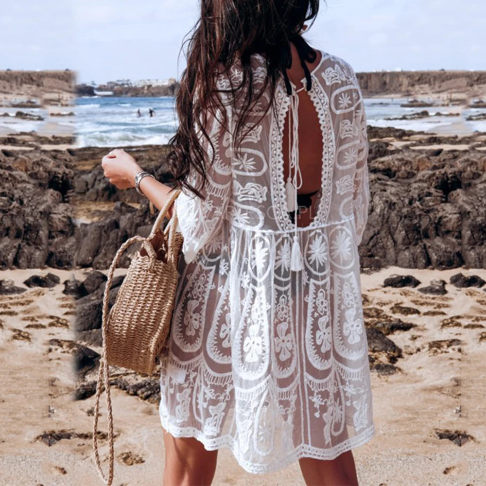 Vestido de praia branco para mulheres, túnica, encobrimento, moda praia,  túnica, pareo, vestidos playa, roupas de praia, verão, 2023 - AliExpress
