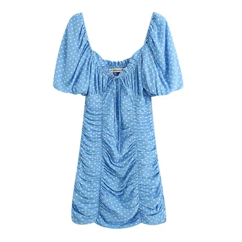 

2020 summer women's new slimming V-neck puffy short-sleeved polka-dot pleated bow tie mini dress