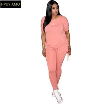 

HPUYIAMO Women Sport Tie Up Stacked Side Tee Tops Pencil Jogger Pants Suit Two Piece Set Fashion Tracksuit Matching Set Outfits