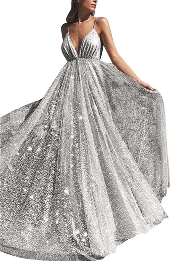 Серебристый VKBRIDAL Спагетти ремни v-образным вырезом платья с открытой спиной на выпускной сексуальное длинное вечернее платье с пайетками А-силуэт цвета шампанского вечерние платья - Цвет: Серебристый