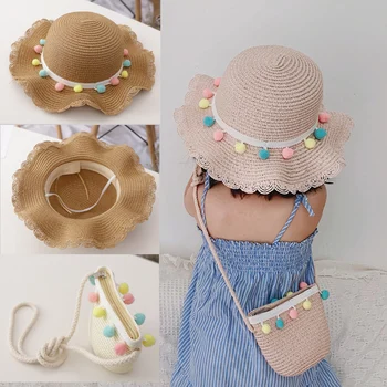 

Cute Girl Hat 2019 Summer Cap Breathable Straw Hats Colorful Ball Sweet Princess Hat Seaside with Bag Kids Hats 2-6Y