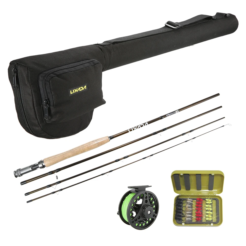 

Lixada 4Pcs Portable Fishing Rod Reel Combo Kit Carbon Fly Fishing Rod 2+1BB Spinning Reel Fly Box With 16 Flies Fishing Tackle
