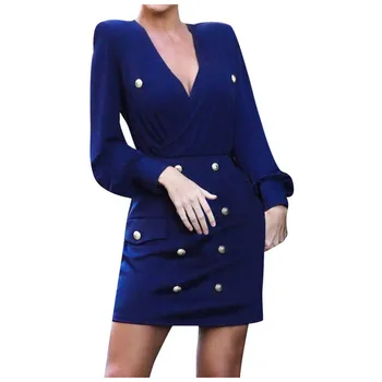 

KLV 2019 women dress платье dress Women's Autumn Fashion Sexy Dresses With Pure Color And Dark V-collar Buttons free shipping D4