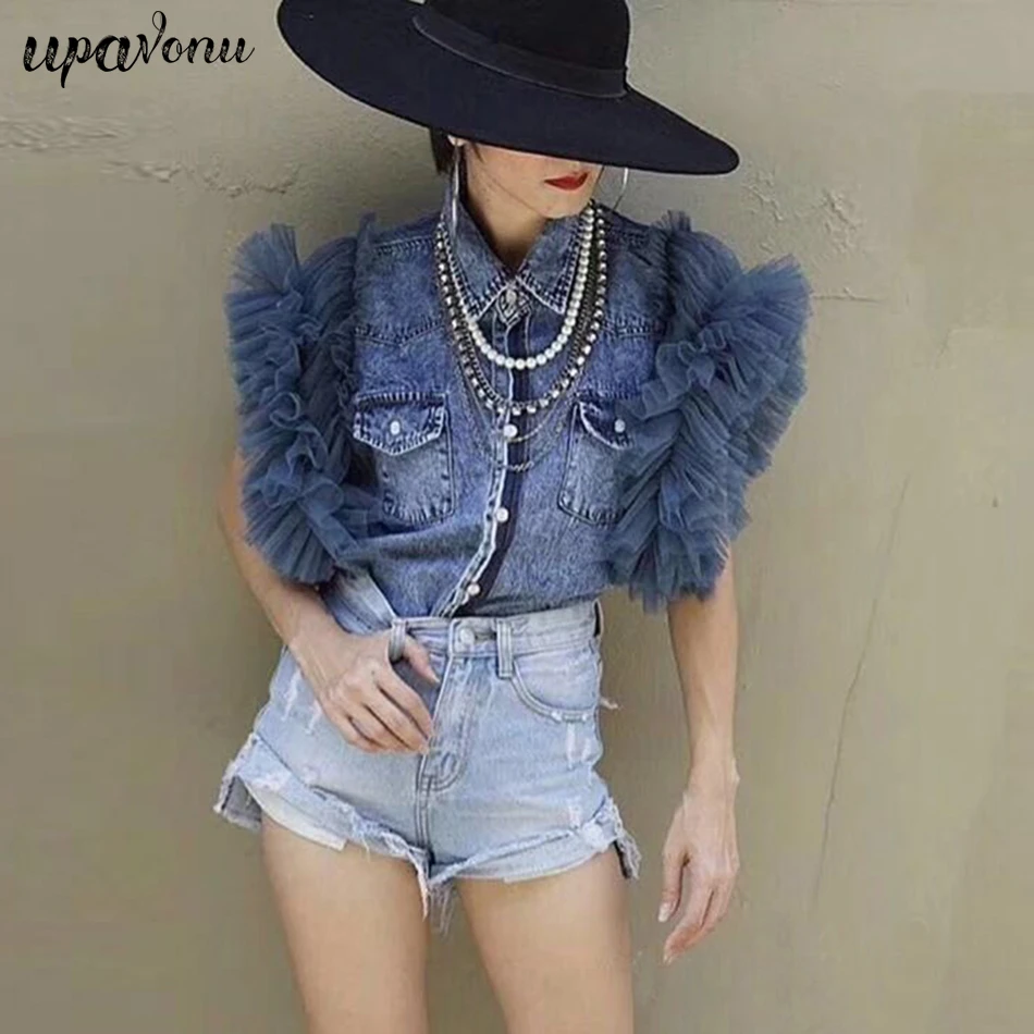 Denim ruffle sleeve shirt Clearance
