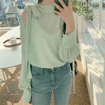 

Alien Kitty Korean Chic Elegant Lace Up Loose Puff Sleeve Chiffon Shirt 2020 Sexy Gentle All Match Women Slim Casual OL Blouses