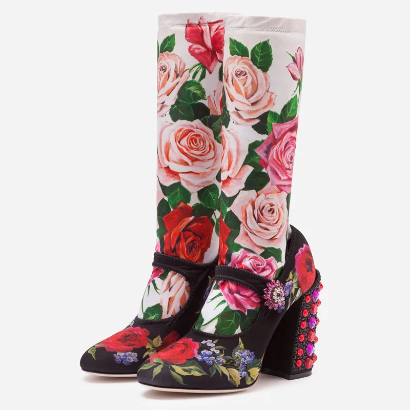 Женская обувь милые женские ботинки с круглым носком на квадратном каблуке 10 см, украшенные кристаллами, с удобной стелькой, Размеры 35-43 - Цвет: Colorful