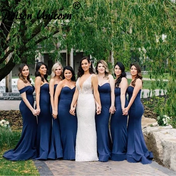 

Cheap Simple Navy Blue Satin Bridesmaid Dresses 2020 Sexy Sweetheart Neck Maid of Honor Dresses robe demoiselle d'honneur