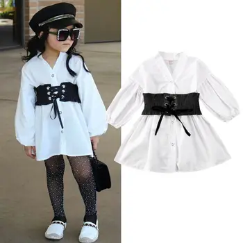 

2-6 Years Toddler Kids Girls Shirt Baby Girls Clothes White Long Puff Sleeve Shirt With Sashes Belt Girls Long Shirt Dress Tops