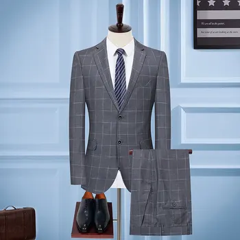 

2020 Men Suit Suit Slim Fit Grid Suit Young Men Occupation Groom Marriage Suit Two-piece Set
