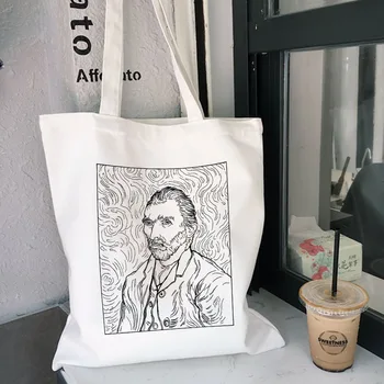 

women canvas shoulder bag tote bag Harajuku Van Gogh woman's shoulder bag abstract art sketch new informal large capacity