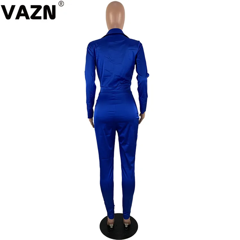 VAZN MOY5136 Bright Rose Red Solid Bodycon Long Pants Sexy Women Jumpsuits Tide V- Neck Long Sleeve Tracksuits Long Romper