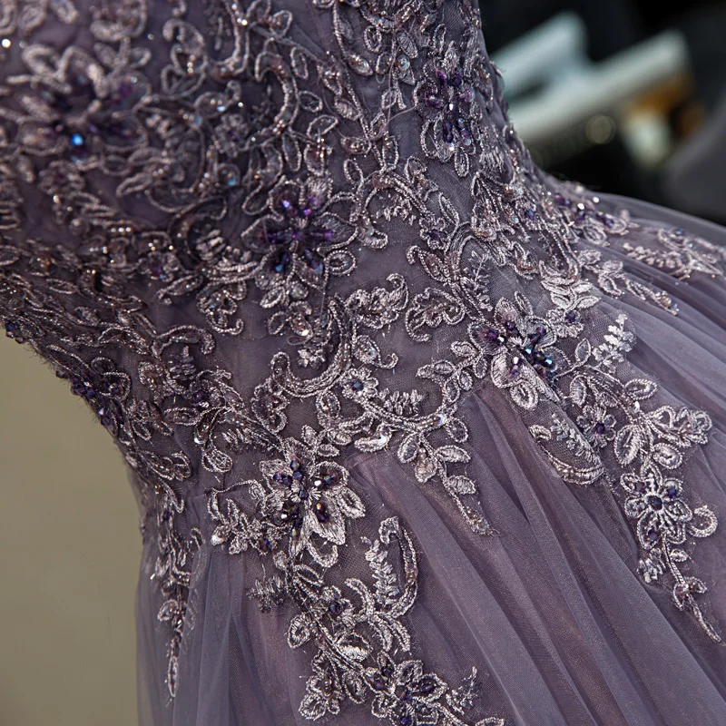SSYFashion Новое Фиолетовое длинное вечернее платье с v-образным вырезом в пол трапециевидной формы с кружевной аппликацией и блестками бисерное платье для торжеств Vestido De Noche
