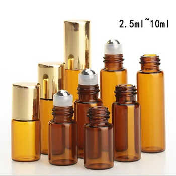 

2.5ml 3ml 5ml 10ml Amber Brown Glass Roll On Essential Oil Vials Perfume Aromatherapy Sub-bottle With Steel Roller Ball Gold Cap