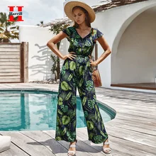 Harrill Summer Beach Straight Jumpsuits Women's Leaf Pattern V-neck Ruffled Rompers Loose Women's Jumpsuits One-piece 2020 Harrill Summer Beach Straight Jumpsuits Women's Leaf Pattern V-neck Ruffled Rompers Loose Women's Jumpsuits One-piece 2020