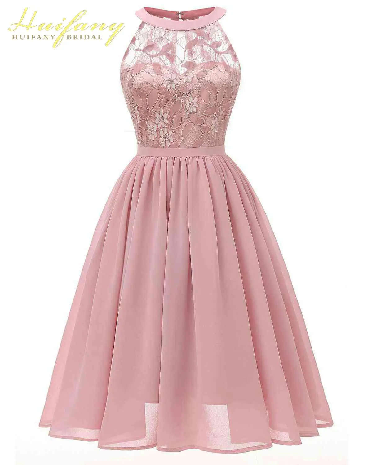 

Short Flower Lace Halter Prom Dress Sleeveless Illusion Graduation Gown A-line O-neck Knee Length Bridesmaid Party Dress