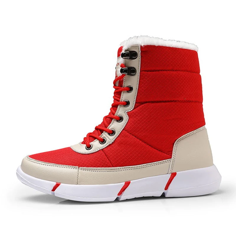 Водонепроницаемые зимние ботинки для мужчин, Нескользящие зимние ботинки с мехом, зимняя обувь, мужские кроссовки, Теплые ботильоны, унисекс размера плюс 36-48 - Цвет: Красный