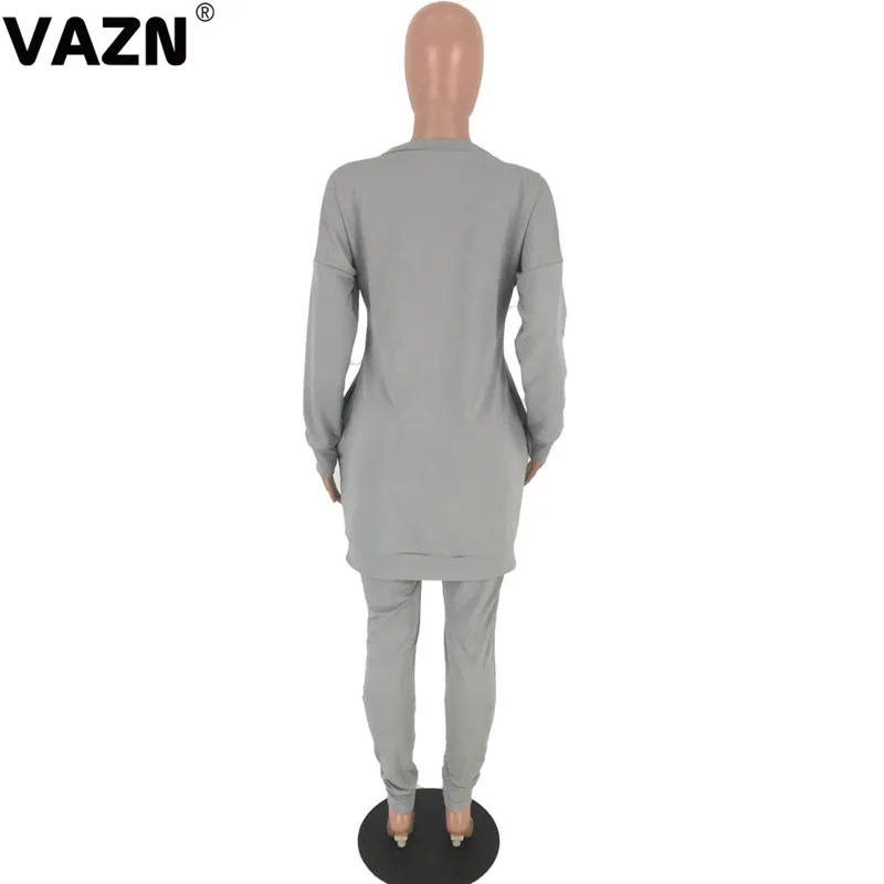 VAZN AWN5072 шикарный дизайн Осенняя сексуальная леди 3 цвета длинный набор полный рукав v-образным вырезом карманы сплошной набор леди случайные популярные наборы