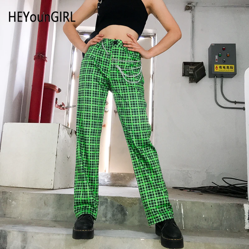 HEYounGIRL клетчатый брюки женские Harajuku повседневные Прямые женские широкие брюки с высокой талией зеленые штаны для уличного бега 2019