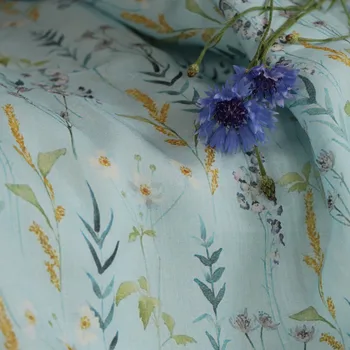 

High grade natural pure ramie fabric Daisy Gold Print tissu High grade Gown Dress fabrics