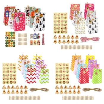 

24 Sets Christmas 1-24 Advent Calendar Cookie Candy Paper Bag with Clips Stickers Tags Hemp Rope Gift Storage Box Decoration