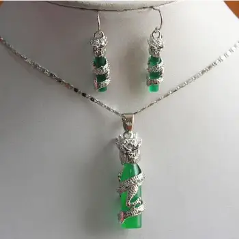 

green natural jade cylinder+silver plated pendant & earring set
