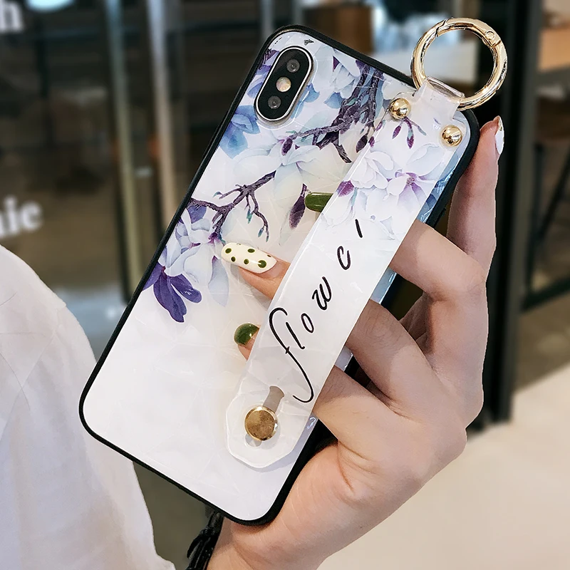 Diamond Texture Retro Flower Wrist Strap Case for Etui iPhone 8 Plus 6 6S 7 11 Pro Max Hard Phone Holder Cover for iPhone 11 XR