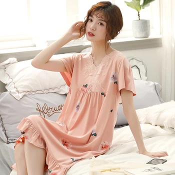 

Women sexy V-neck short sleeves modal nightdress summer season print kness-length sleepdress