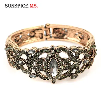 

Sunspicems Vintage Turkish Grey Crystal Women Cuff Bracelet Bangle Ethnic Wedding Jewelry Antique Gold Color India Bridal Gift