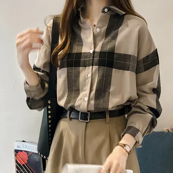 

Korean Style Women 2020 Spring Color Block Long Sleeve Plaid Shirt Female Chic Top Causal Blouse Shirts Boyfriend Streetwear