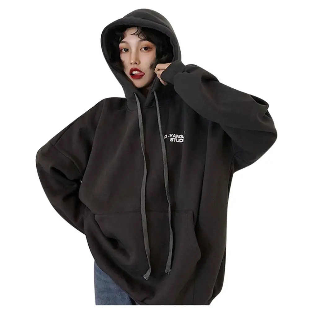 Korean Style Women Casual Loose Hoodies Pullover, Plus Size Pocket Sweatshirt Letter Printed Hoodie sweat femme Female Tops - Цвет: Черный
