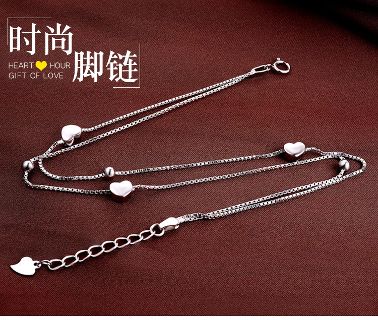 925 Sterling Anklet Heart Double Layer Women's Korean-style Simple Hipster Versitile Fashion jiao shi pin