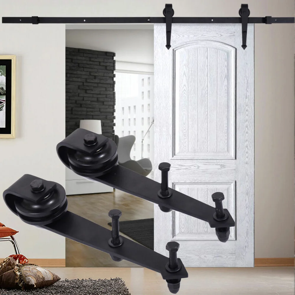 

2pcs Sliding Double Barn Door Tracks Carbon Steel Rail Kit Wall Mount Black Sliding Wheel Tool Parts Accessories