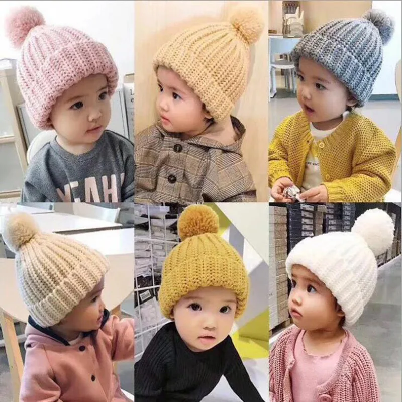

New Style Infant Men And Women Wool Cap Baby Ball Knitted Hat Autumn And Winter Thick Warm Cute Candy Solid Color Hat