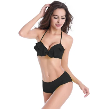 

Hot Wholesales Feminine Flounced Top Underwire Cup Bikini Beachwear Vintage High Waist Sexy Girls Black Bikini