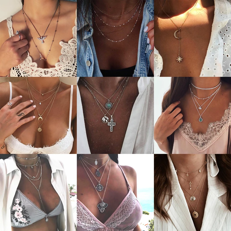 

26 Styles Bohemian Multi layered Necklaces For Women Moon Cross Tree Star Pendant chains Statement Choker 2020 Boho Jewelry