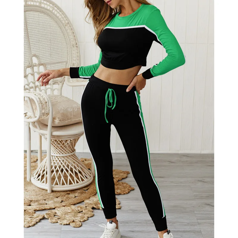 

2020 Autumn And Winter New Round Neck Stitching Contrast Color Casual Sports Suit For Women Ensemble Femme En*
