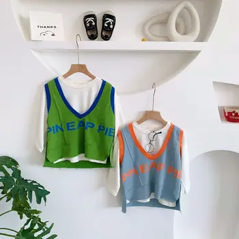 

2PCS WLG Autumn boys girls white t shirt and green blue letter printed vest set baby casual all match clothes