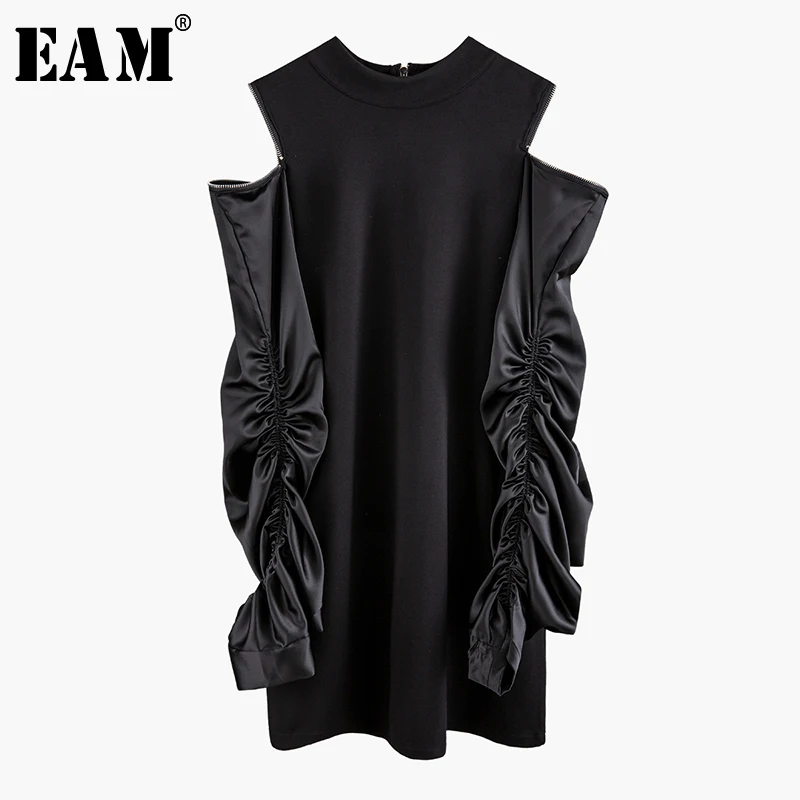 Женское плиссированное платье EAM черное свободное с воротником стойкой и длинным