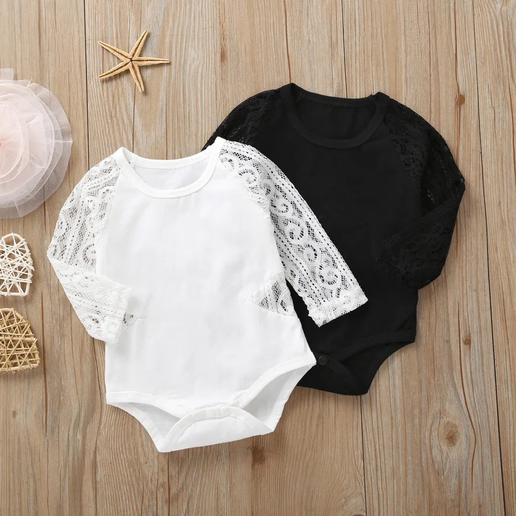 

2018 New Cute Babies Girl White Bodysuits Newborn Infant Baby Girl Kids Clothes Long Sleeve Lace Solid Bodysuit Outfits 0-24M