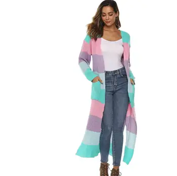 

Mixed Color Stitching Contrast Color Striped Split Large Pocket Long Knit Jacket Sweater
