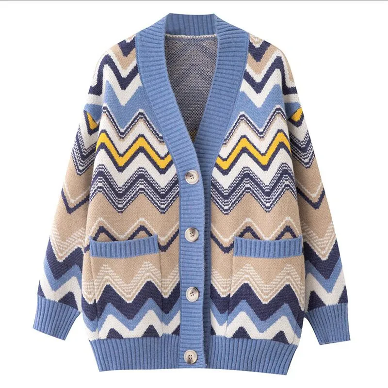 Woman cardigan sweater Hit colors wave knitted Winter fall Long oversized with pocket Vintage outfit |