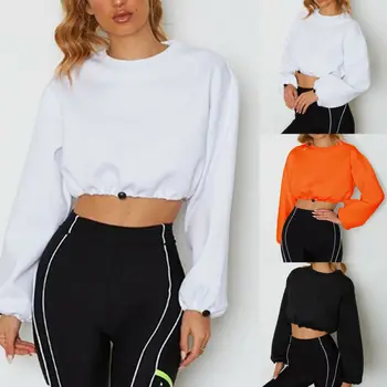 

Women Lantern Long Sleeve Hoodie Crop Tops Hoodie Sweatshirt Casual Slim Jumper Sweater Coat Gym Sports Pullover Hooded T-Shirt