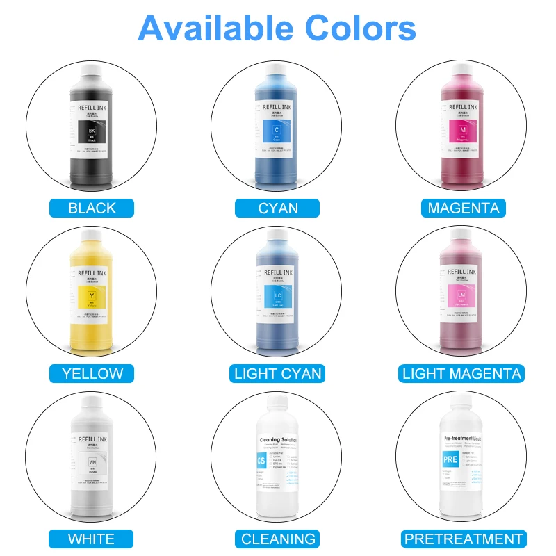 DTG Ink 500ML DX5 DX6 DX7 TX800 5113 4720 I3200 Printhead For Epson L800 1390 R1900 R2000 F2000 F2100 Textile InK Garment Ink dye ink kit ink refill kit ink cartridge refill kit dye ink refill inkjet printer ink