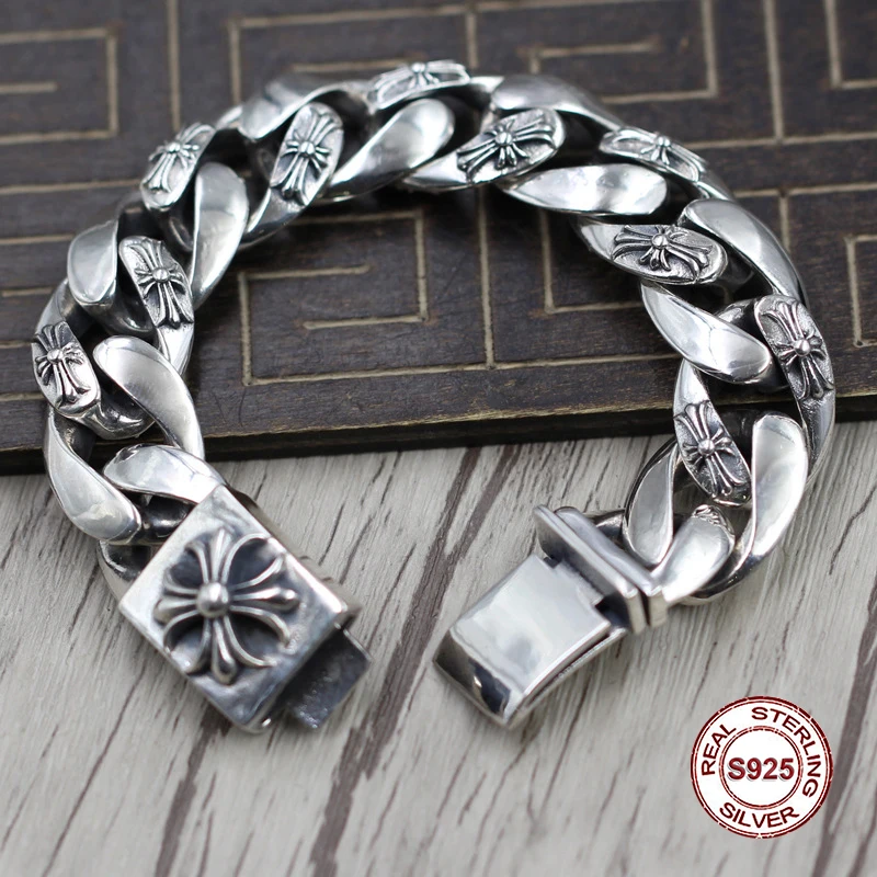 

S925 Men's bracelet in Sterling Silver Personality trend domineering cross Punk style retro classic Send a gift to love