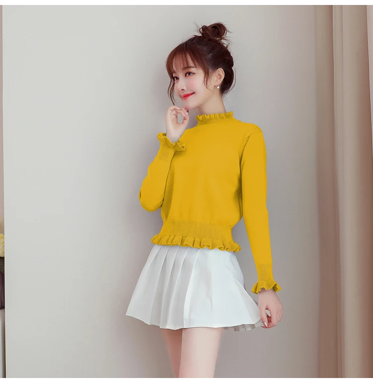 Yellow Корейский стиль, Женский пуловер, свитера, Kawaii, воротник с оборками, манжеты, укороченный свитер, вязанные Джемперы для девушек - Цвет: Yellow