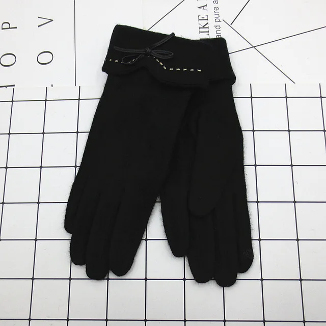 Женские перчатки для сенсорных перчаток, зимние женские теплые кашемировые кожаные перчатки для стрельбы из лука, шерстяные перчатки с вышивкой и сенсорным экраном C22 - Цвет: A29A Black