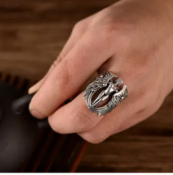 

925 Vintage Thai Silver Guardian Angel Personality Cross Exaggerated Wings Ring Silver 925 Ring for Mens Jewelry Ring Wholesale