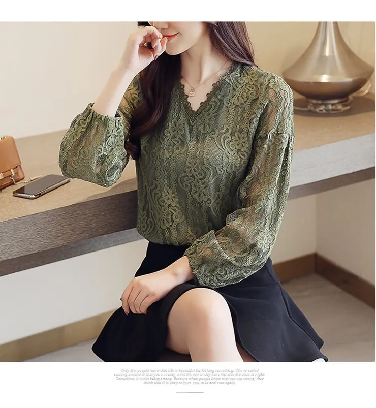Women's Large Size Blouse Green Lace Tops Fashion Long Sleeve Blusas Mujer 2019 Moda Autumn Elegant Dentelle Shirts Female (3)
